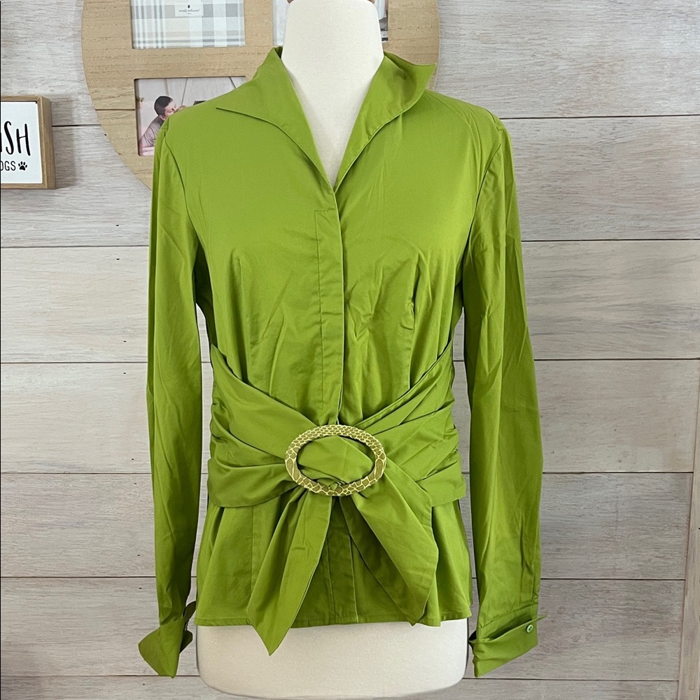 Sara Lime Green Women's Blouse with Belted Accent M
